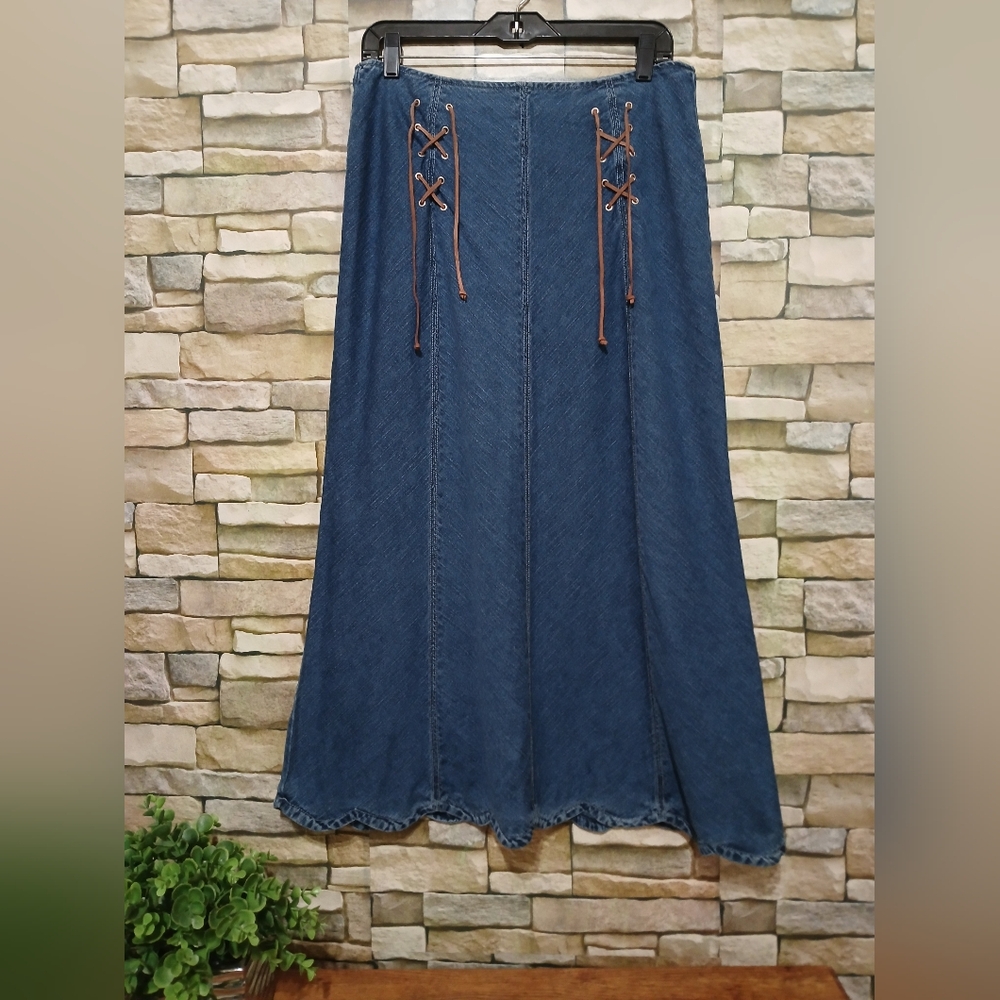 Denim Maxi Skirt with Front Lace-Up Detail - Blue